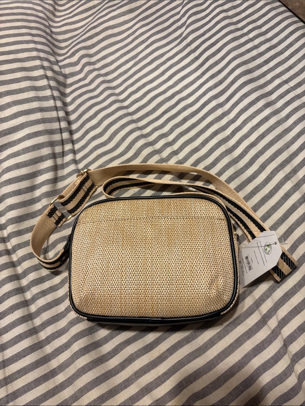 Time and Tru Beige Woven Crossbody with Black Trim and Striped Strap